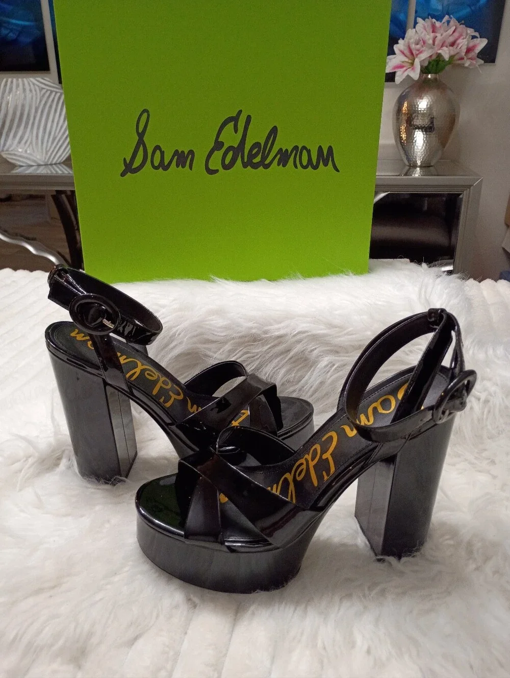 New Sam Edelman Savannah Black Patent Platform Block-Heel Sandals 10